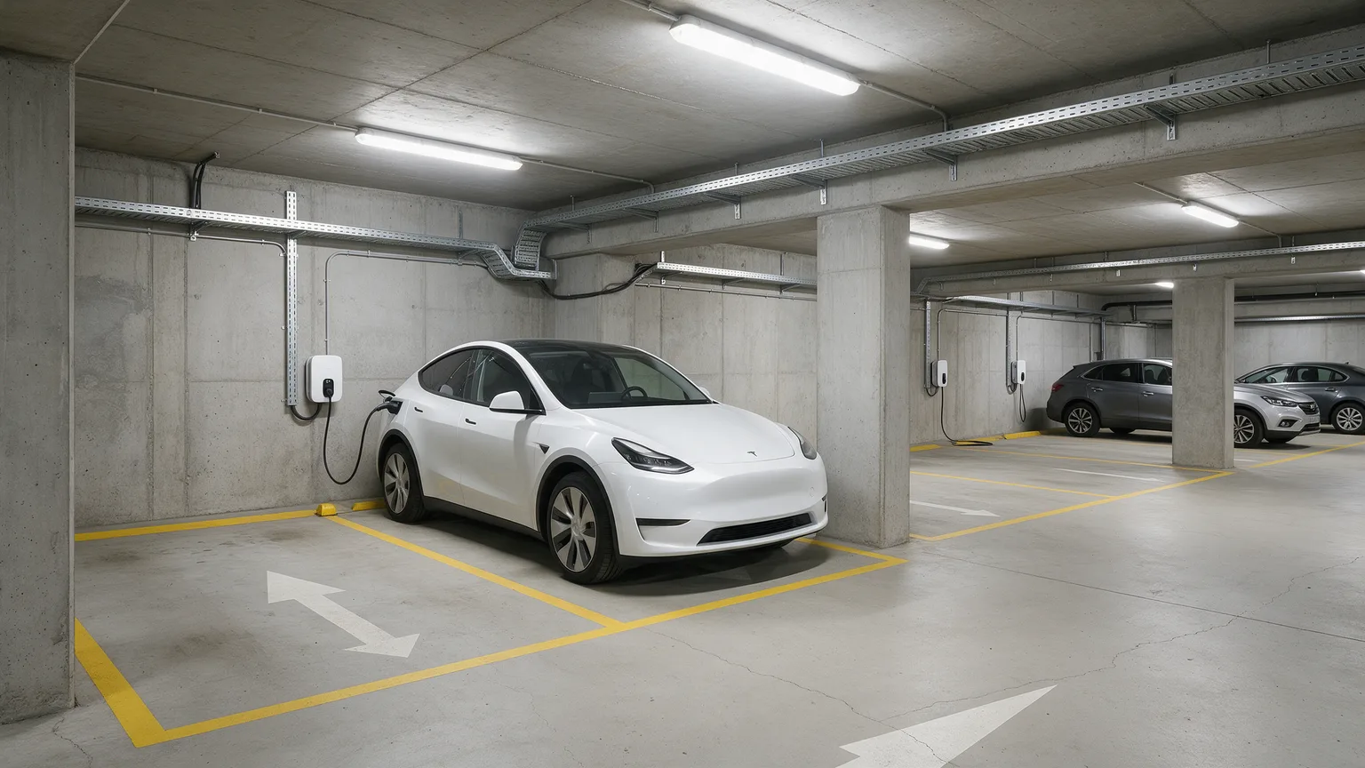 Garage i ett flerbostadshus med väggmonterade laddboxar, kabelstegar längs betongväggen och en elbil som laddar
