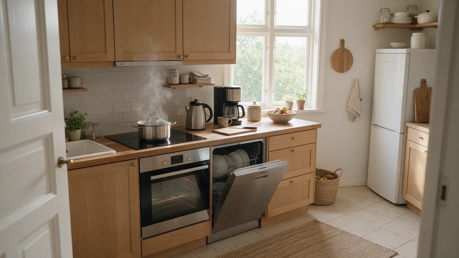 Svenskt kök i dagsljus med induktionshäll, ugn, öppen diskmaskin, vattenkokare, kaffebryggare och kylskåp