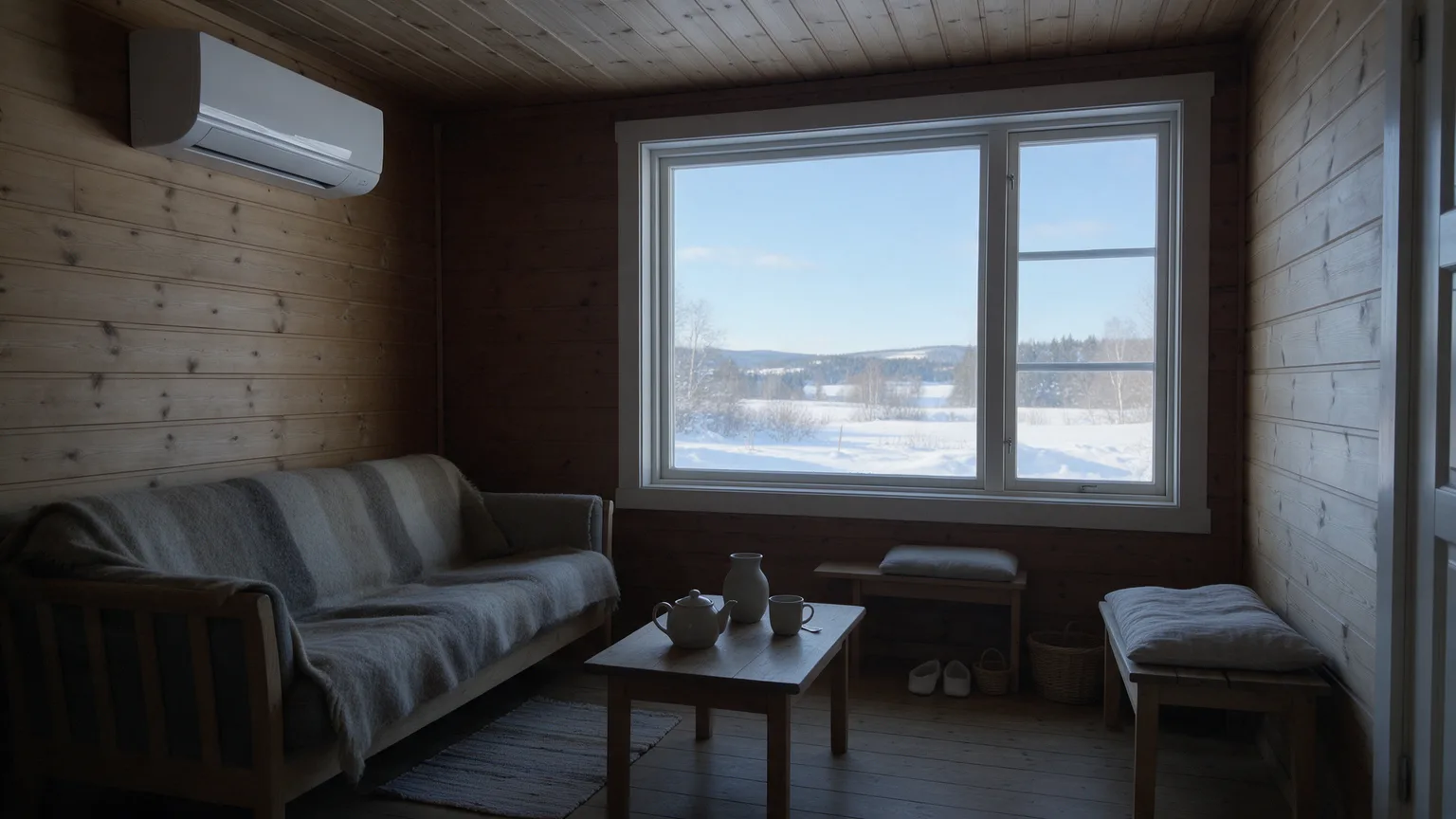 Vardagsrum i en stuga på vintern med en luftvärmepump högt upp på väggen, trapanel och snölandskap utanför fönstret