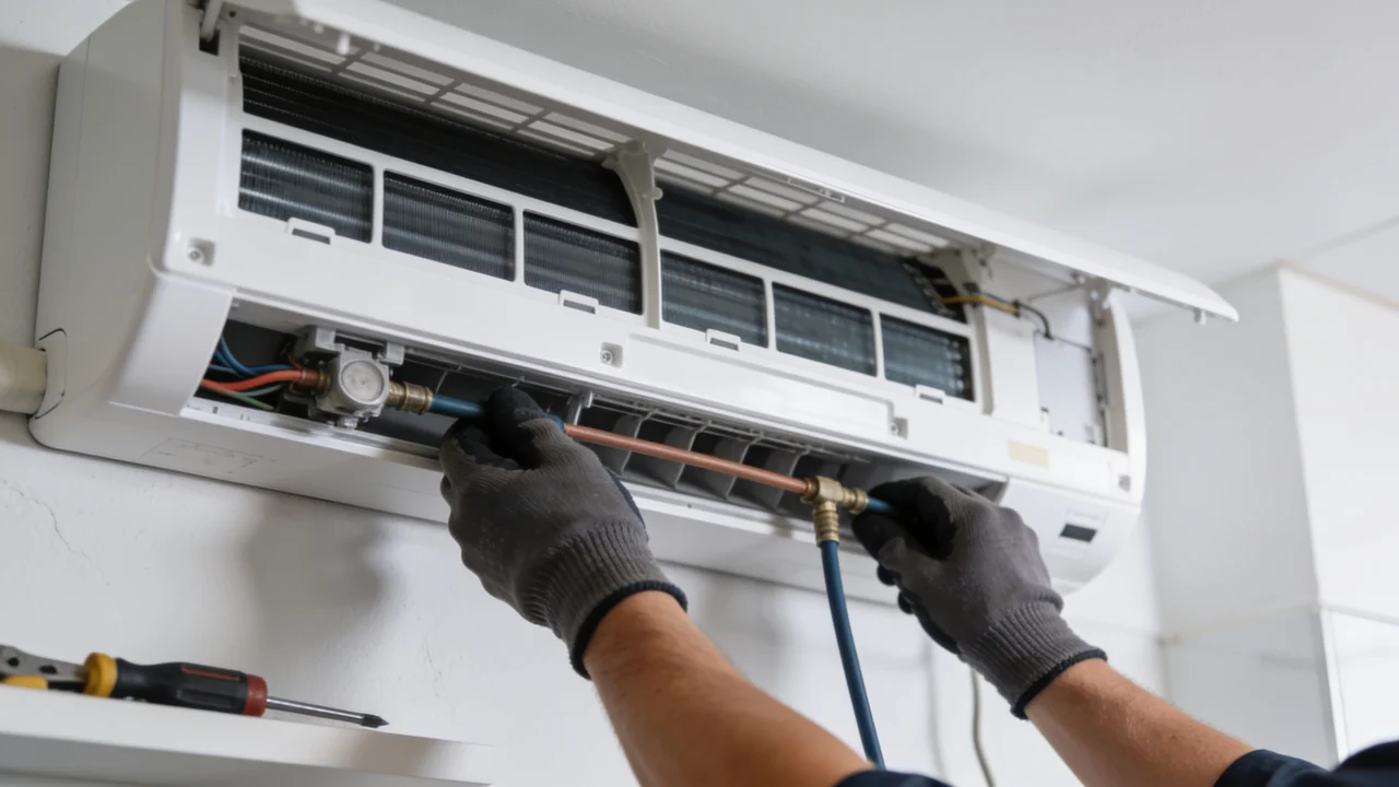 Installatör kopplar in en värmepumps inomhusdel på en vägg