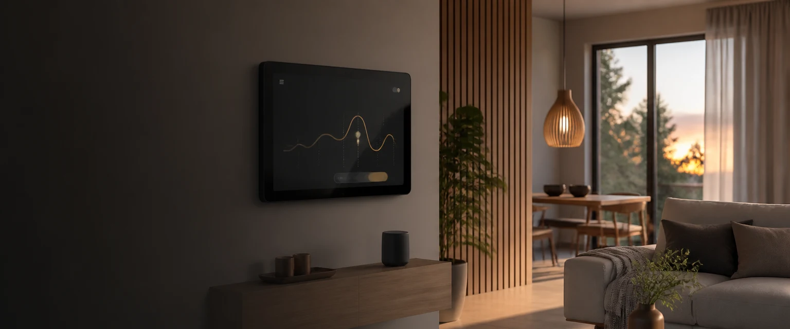 Smart energidisplay med priskurva i ett nordiskt vardagsrum