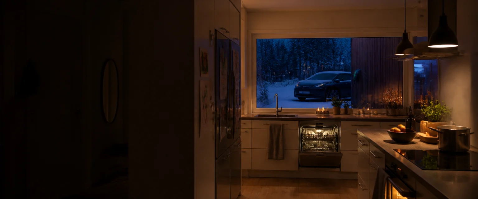 Svenskt kök en vinterkväll där ugn, diskmaskin och spis är igång samtidigt som elbilen laddar utanför fönstret