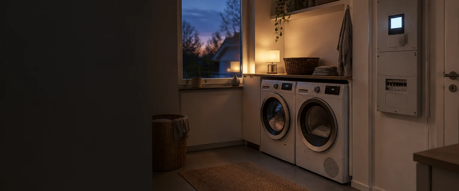 Tvättstuga i ett svenskt hem en kväll med tvättmaskin och torktumlare i gång och elcentralen på väggen