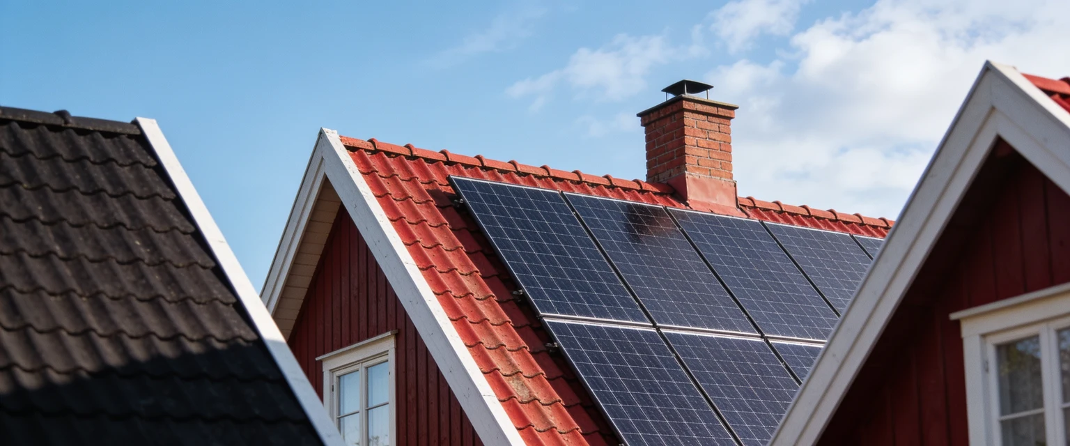 Solpaneler på ett rött tegeltak på ett svenskt hus