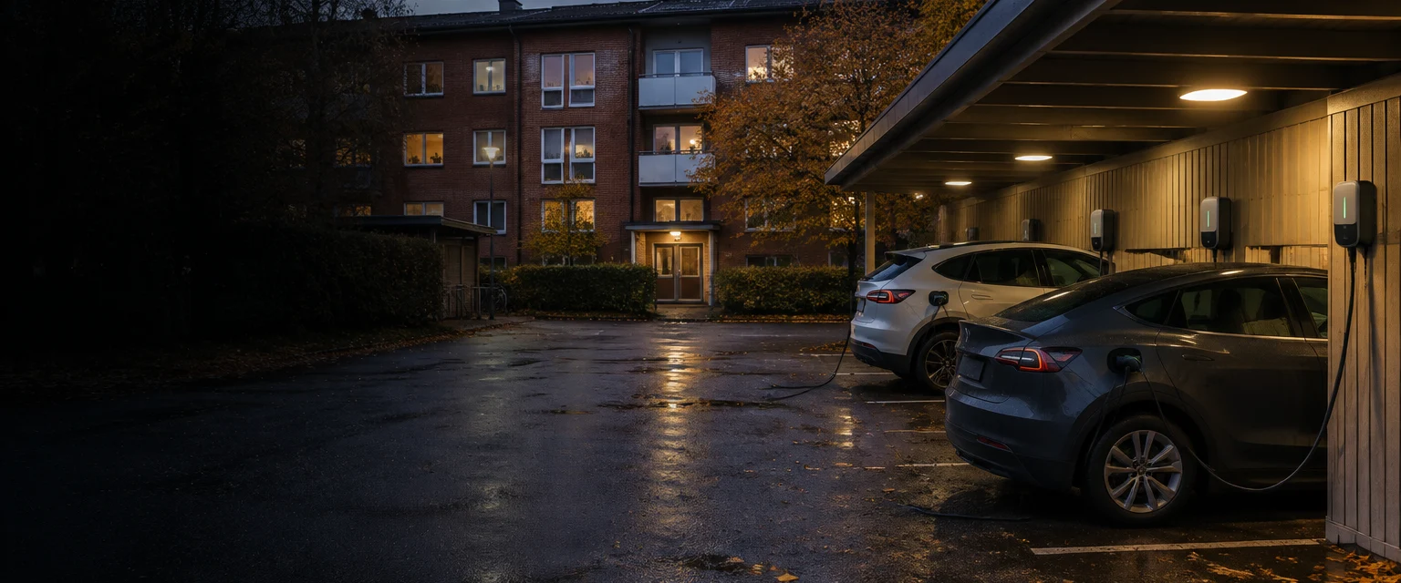 Carport vid ett svenskt flerbostadshus i skymningen där två elbilar laddar vid en rad väggmonterade laddboxar