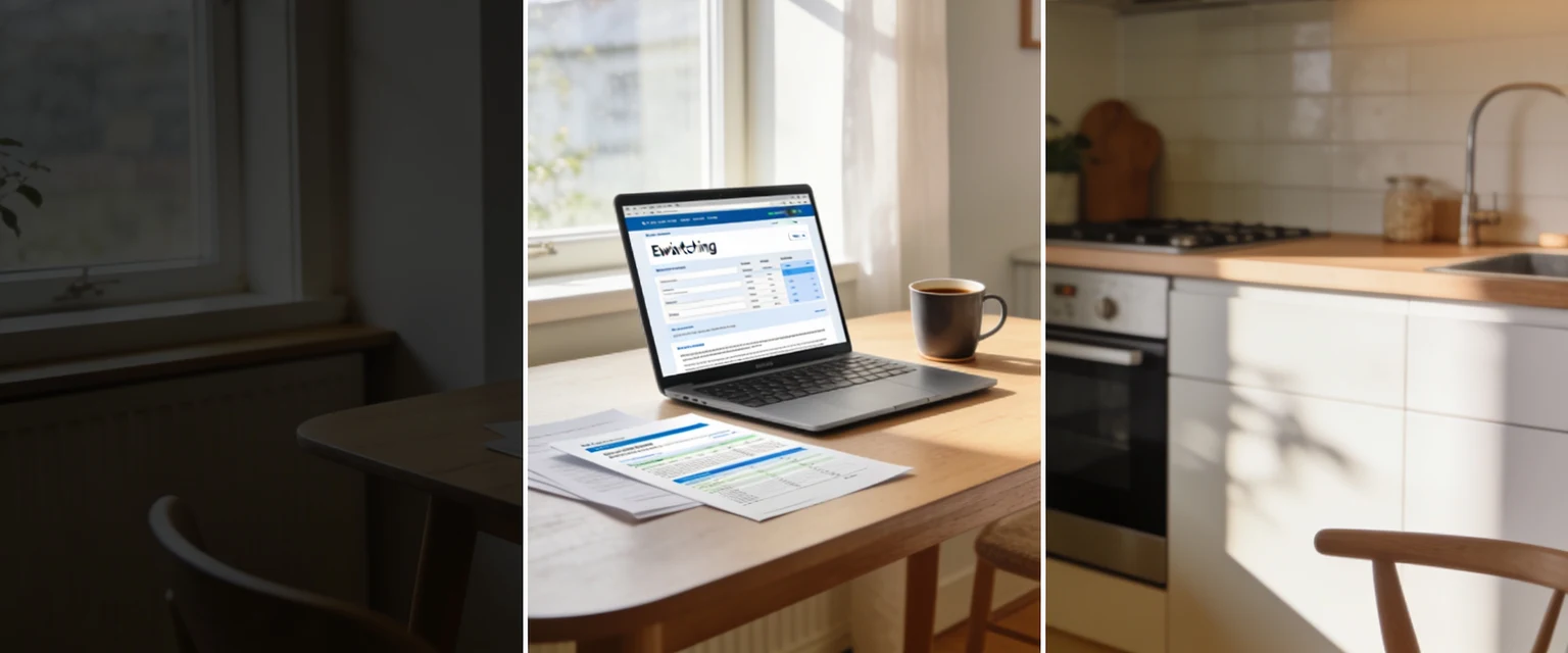 Laptop och kaffe på ett skandinaviskt köksbord — byta elavtal hemma