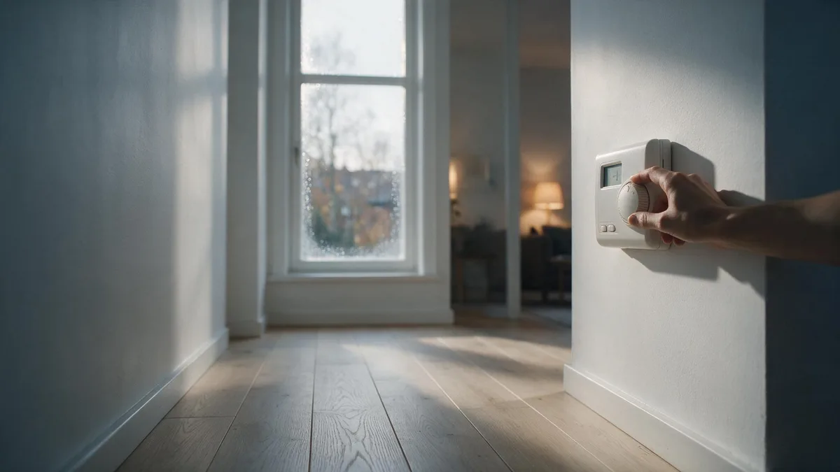Hand som justerar en väggtermostat i en svensk hall en höstkväll
