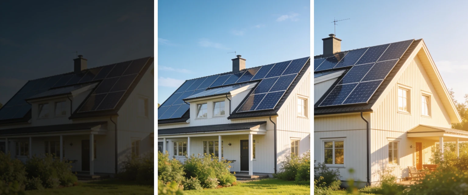 Solpaneler på taket av en modern svensk villa i solsken