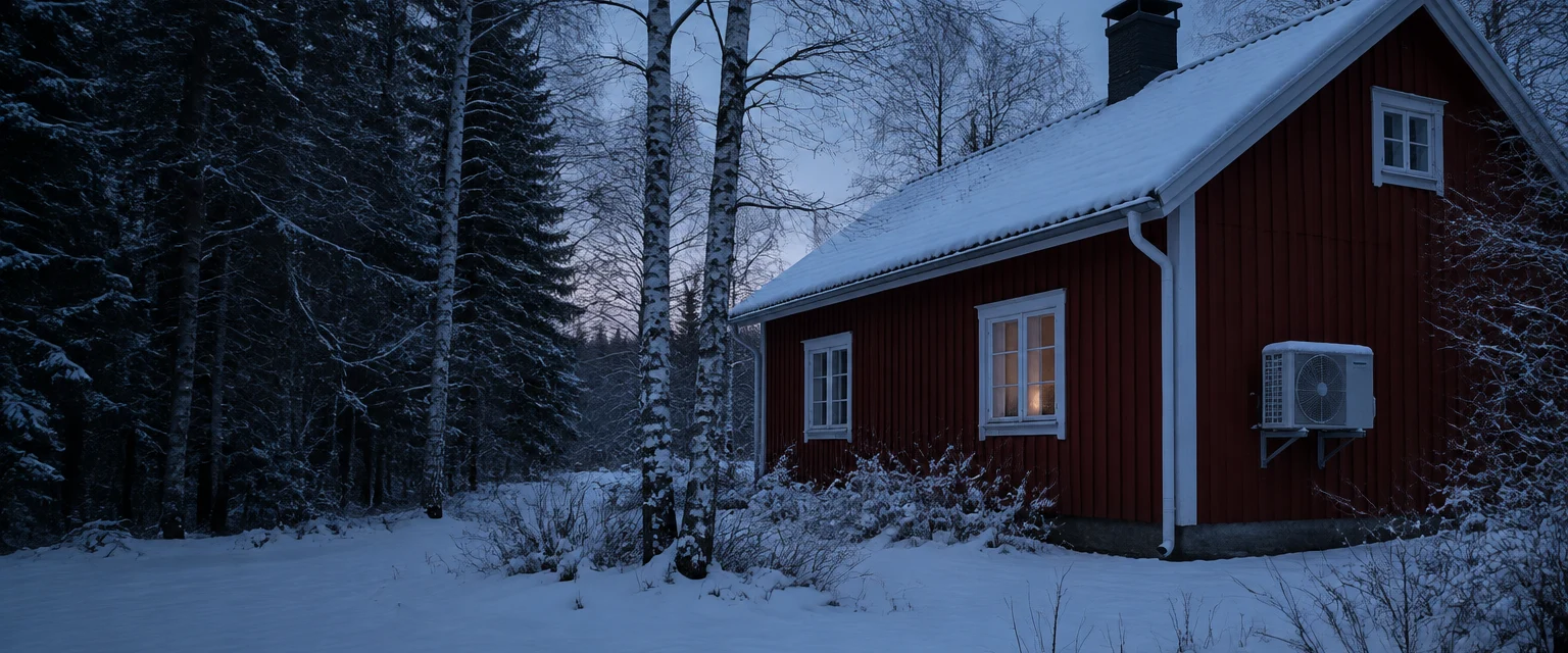 Rödmålad stuga i vinterlandskap med snö på taket och en värmepumps utedel på väggen