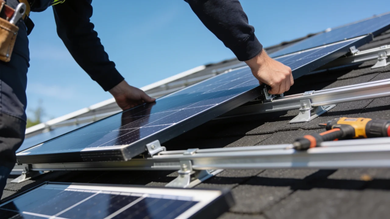 Installatörer monterar solpaneler på ett tak en solig dag