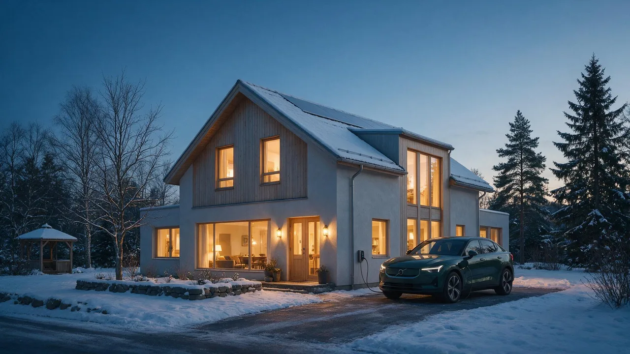 Modern svensk villa i skymningen med elbil som laddar på uppfarten och ljus i fönstren