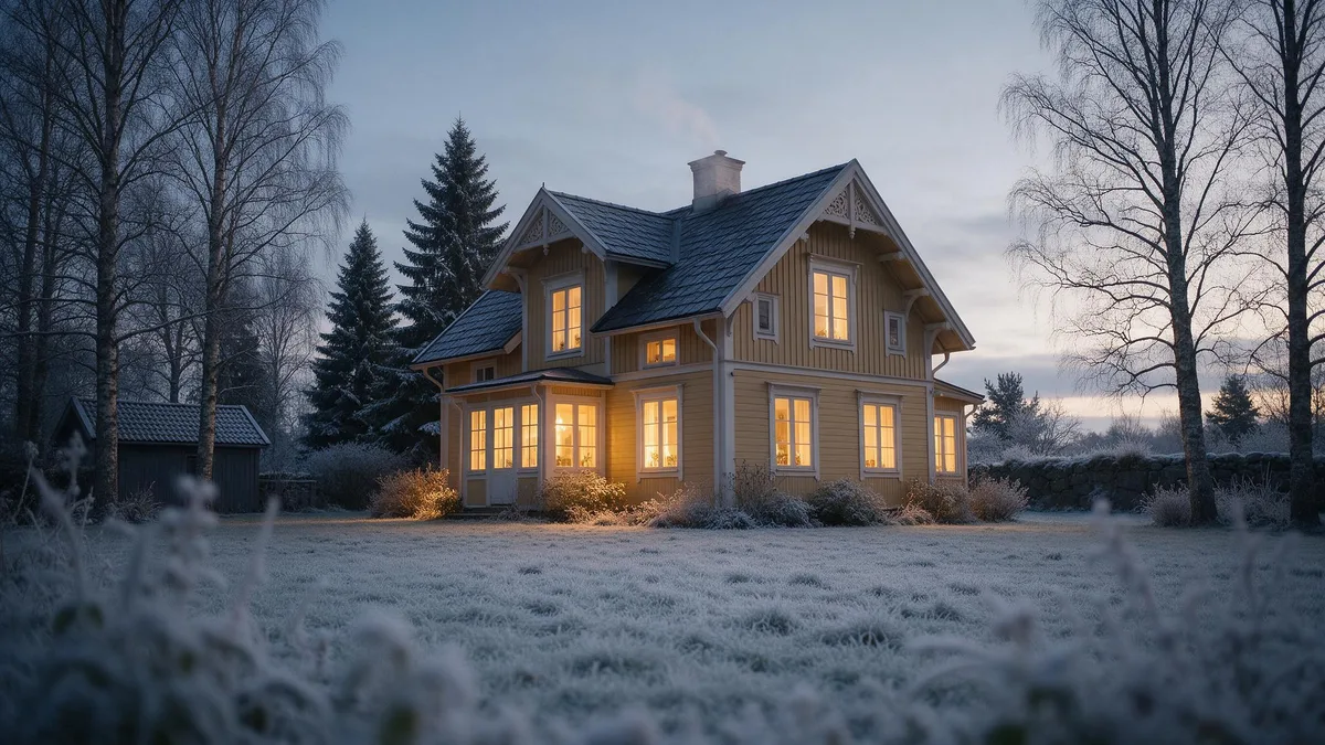 Svenskt hus i skymning med frost på gräsmattan och ljus i fönstren
