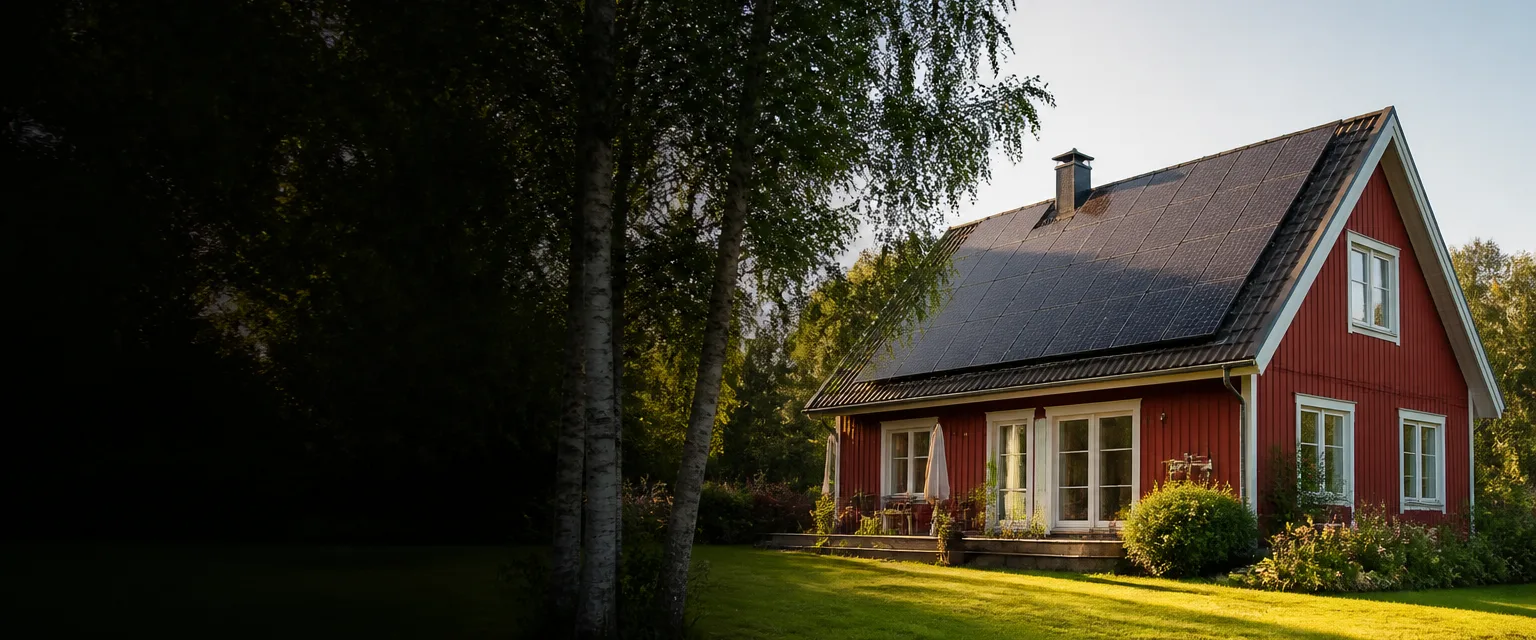 Röd svensk villa med solpaneler på taket en sensommareftermiddag, sedd från trädgården mellan björkar