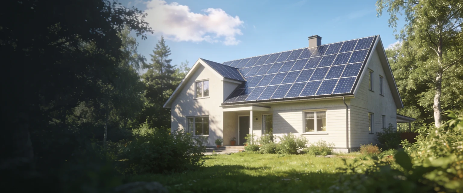 Modern svensk villa med solpaneler på taket en solig dag